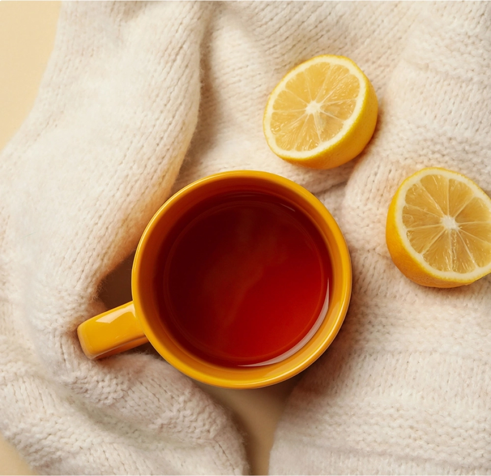 Imagem de um chá com duas laranjas cortadas